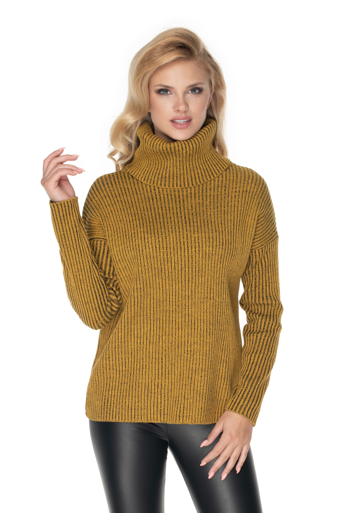 40031 SWETER DWUKOLOROWY PRĄŻKI GOLF MUSZTARDA