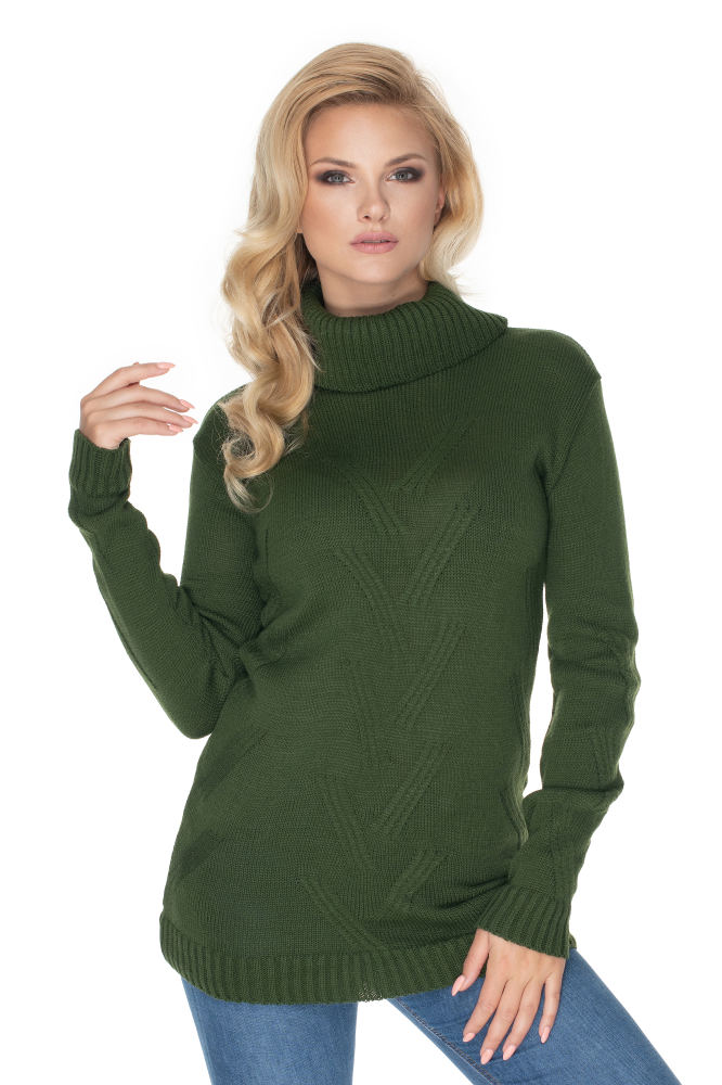 40033 SWETER Z GOLFEM Z WYJĄTKOWYM ŚCIEGIEM KHAKI