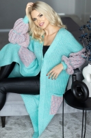 30086 DŁUGI KARDIGAN ZAPINANY NA GUZIK Z BUFIASTYMI RĘKAWAMI SELEDYN