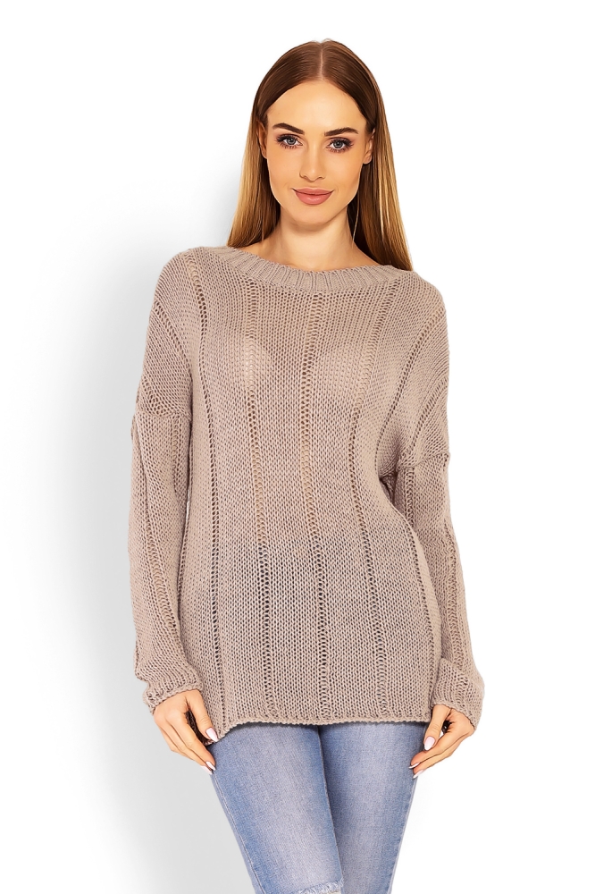 40007 LEKKI SWETEREK GOŁE PLECY DEKOLT V CAPPUCCINO