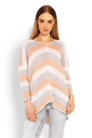 30057 LOOSE THREE-COLORED JUMPER BACK V-NECK APRICOT 